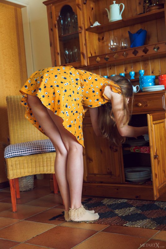 Домохозяйка снимает платье и  на кухне - фото
